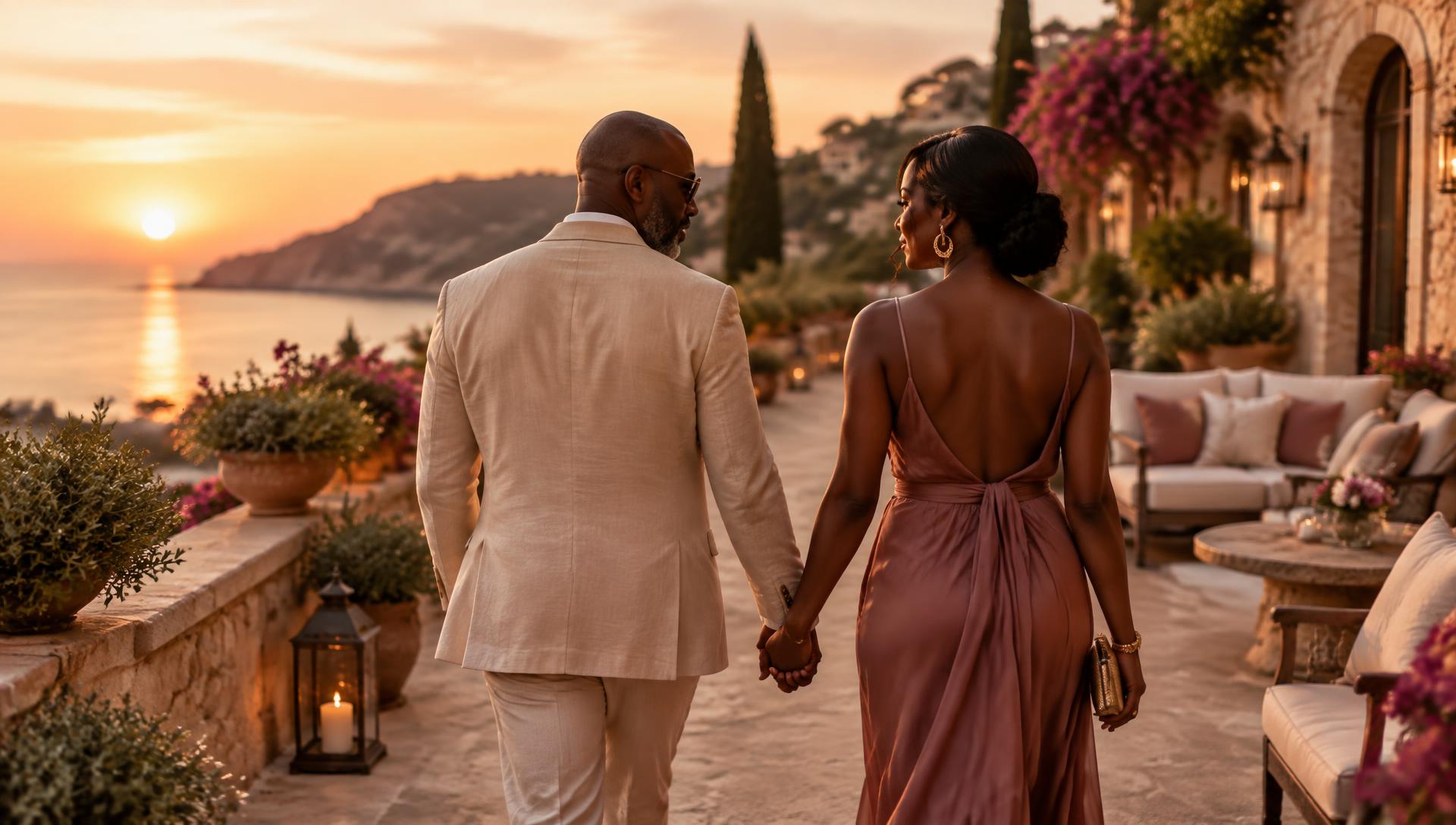 A couple walking hand in hand on a retreat terrace at sunset
